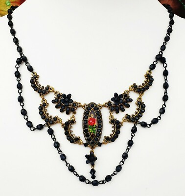 #ad Michal Negrin Necklace Black Victorian Rose Crystals Beaded Bib Antique Retro $189.00