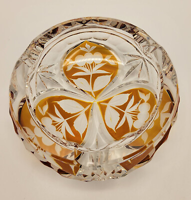 #ad Ashtray Bowl Crystal Amber Cut To Clear Floral Bohemian Heavy 1.5quot;H x 4.25quot;W $44.95