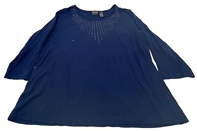 #ad Additions By Chicos Blue Sequined 3 4 Sleeve Shirt Women’s Size 3 Pre Owned $6.99