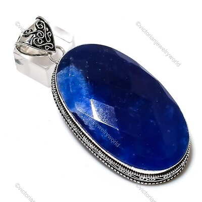 #ad Sapphire Gemstone Handmade Jewelry Sterling Silver Mum Gift Pendant 2.96quot; $49.45