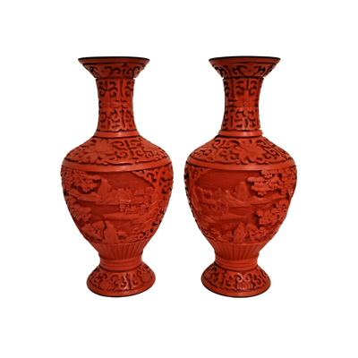 #ad Chinese Red Cinnabar Vases with Blue Enamel Base and Carved Mountain Scenes $349.99