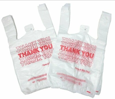 #ad QTY 100 THANK YOU T Shirt Bags 11.5x6.5x22 White Plastic LARGE GROCERY $4.79