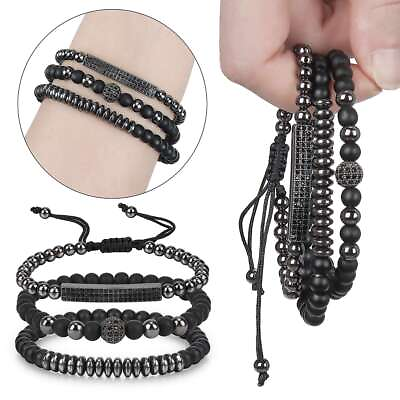 #ad 3pcs Black Beads Stainless Steel Bracelet Bangle Jewelry Gift For Men Women US $8.72