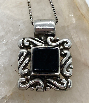 #ad Vintage Mexico Black Onyx Square Sterling 925 Silver Pendant 18#x27;#x27; Necklace 7g $29.34
