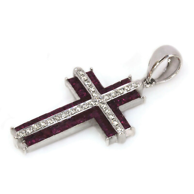 #ad 1.3 ctw Natural Red Ruby amp; Diamond Solid 14k White Gold Big Cross Pendant 35 MM $958.50