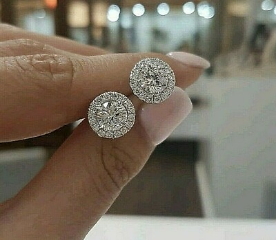 #ad 4 Ct Halo Round Cut VVS D Lab Created Stud Earrings 14K White Gold Push Back 8mm $69.95
