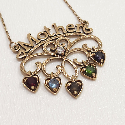 #ad 10K Gold Signed AAJ Mother Necklace Pendant Mothers Day Heart Gem Stone Vintage $180.00