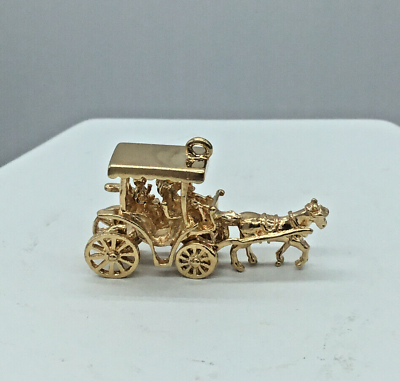#ad 14K Yellow Gold 3D Horse and Buggy Stagecoach Charm $553.00