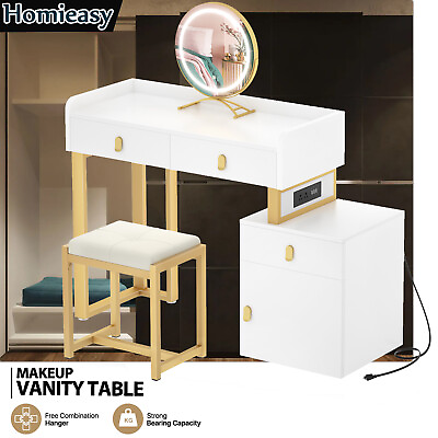 #ad NEW Makeup Vanity Table Desk Set with Chair amp; Charging Station amp; Mirror Dresser $129.99