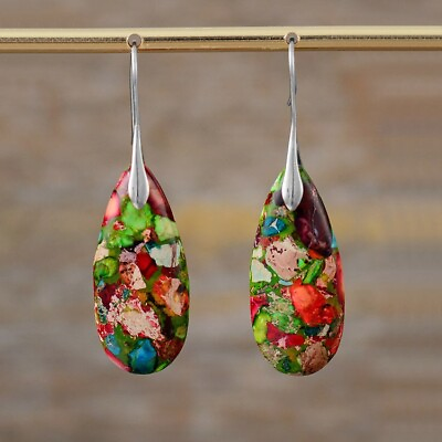 #ad Natural Floral Jasper Stone Teardrop Dangle Earrings Gemstone Drop Earrings $11.90