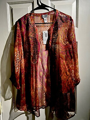 #ad Chicos Silk Blouse Paisley Brown amp; Gold Topper Size 2 Large $28.88