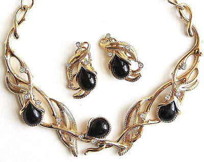 #ad Jose Maria Barrera Avon Black Cabochon Rhinestone Granada Necklace Earrings Set $123.00