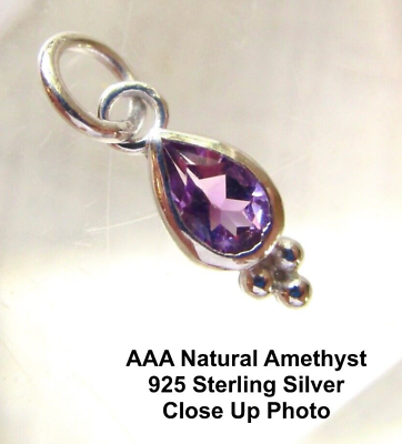 #ad Amethyst Gemstone Sterling Silver Charm Tiny Teardrop Pendant Birthstone $13.59