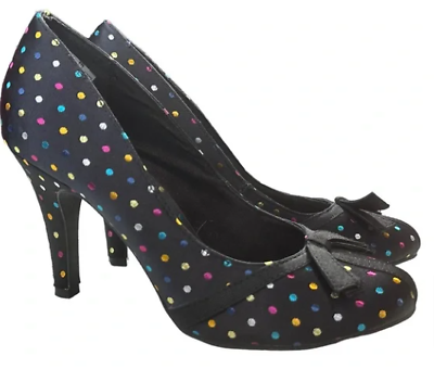 #ad K9 by Rocket Dog Black High Heel Womens Size 7M Casual Blue Red Gold Polka Dots $29.99