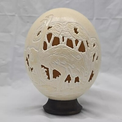 #ad Carved Ostrich Egg Shell from south africa vintage on wood pedestal 7 inch $36.00