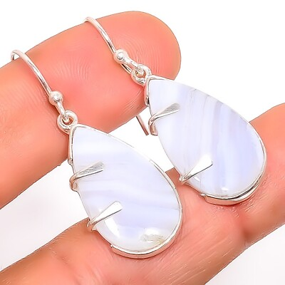 #ad Natural Lace Agate Blue Earrings 925 Solid Sterling Silver Jewelry 1.56quot; $16.79