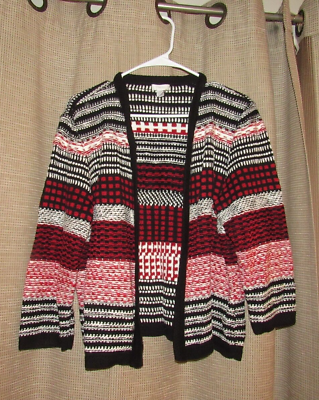 #ad CHICO#x27;S 2 Chicos Medium 12 Open Front Cardigan Sweater Red Black White 3 4 Sleev $9.99