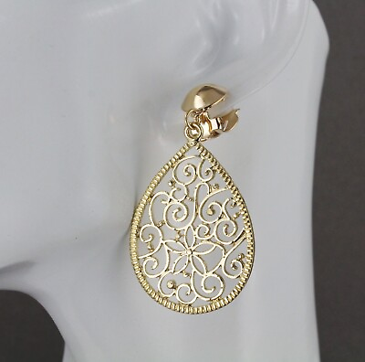 #ad Clip on earrings Gold teardrop filigree oval pendant 2 3 8quot; long lightweight $12.99