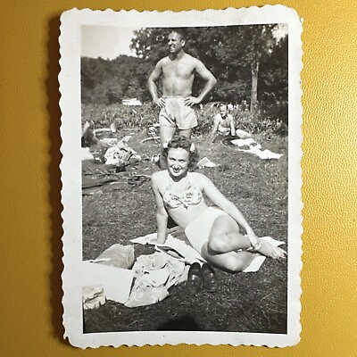 #ad 1940s Sexy VINTAGE PHOTO Bikini Barefoot Minx Shirtless men Gay Int Hot snapshot $14.40