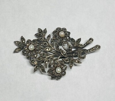 #ad Vintage 1940#x27;s Silver 835 Marcasite and Freshwater Pearl Floral Bouquet Brooch $139.00