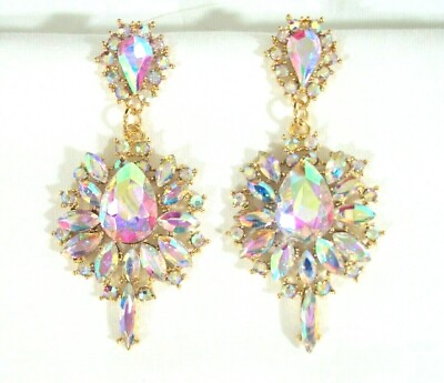 #ad Gold AB Iridescent Rhinestone Crystal Chandelier Earrings Aurora Borealis Long $20.85