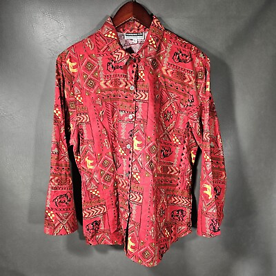 #ad VTG Panhandle Slim Shirt Womens Large Red Western Rodeo Bison Aztec Tribal Shirt $29.97