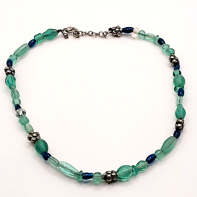 #ad Ocean Blue Shades Glass Beaded Choker Handmade Necklace Sea Colors 16 Inch $15.95