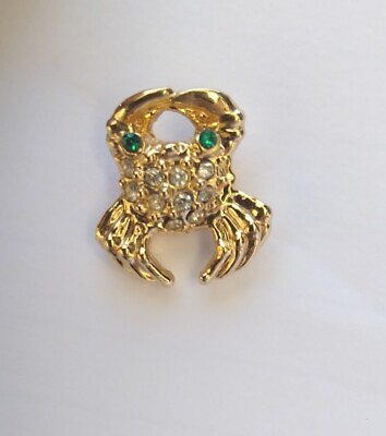 #ad VTG Gold Tone CRAB Fashion Hat Pin Green Eyes Rhinestones Nautical Small .75quot; $15.99
