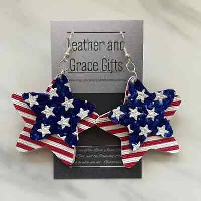 #ad Patriotic Red White Blue Flag Star Faux Leather Earrings $12.77