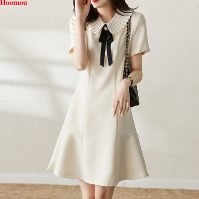 #ad Korean Women Bow A line Summer Business Workwear Casual Party Formal Shirt Dress $28.20