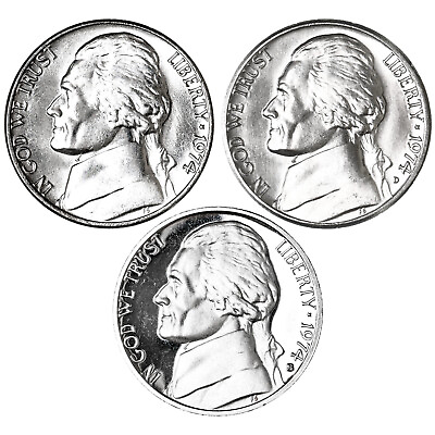 #ad 1974 P D S Jefferson Nickel Year Set Proof amp; BU US 3 Coin Lot $2.85