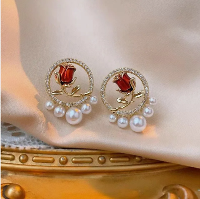 #ad Korean Tulip Crystal Pearl Flower Earrings Ear Stud Women Wedding Jewelry Gift $8.06