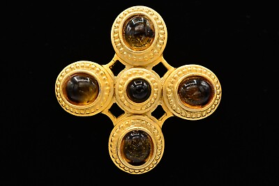 #ad Danecraft Vintage Cabochon Pin Brooch Brushed Gold Maltese Cross Signed 1980s $31.96