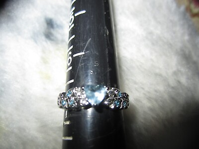 #ad .925 Sterling Silver Ring Size 7 Heart Powder Blue Crystal Stones $5.99