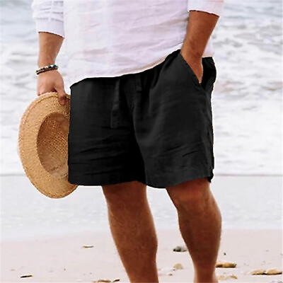 #ad Men Drawstring Casual Cotton Linen Shorts Summer Beach Hawaiian Waist Short Pant $24.17