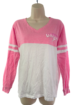 #ad Women S EXIST Pink White quot;DANCERquot; Silhouette Front Back Long Sleeve V Neck Top $14.99