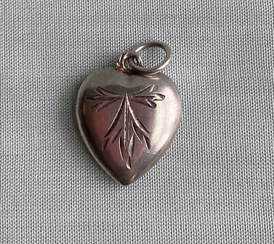#ad Victorian Puffy Heart Charm Vintage Etched Flower Sterling Silver Repousse $19.99