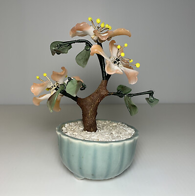 #ad Vintage Miniature Chinese Glass Jade Tree Pink Flowers in Celadon Pot 5.5quot; $11.30