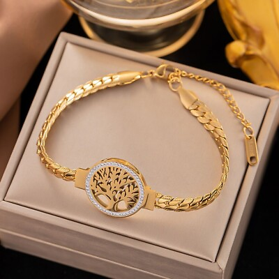#ad Woman 18K Gold Plated Stainless Steel Life of Tree CZ Cuban Bracelet Bangle $10.50