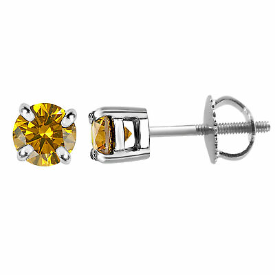 #ad 0.30 Ct Round Canary Yellow Diamond Solitaire Stud Earrings in 10K White Gold $357.03