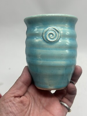 #ad Art Pottery Mid Century Modern Tiffany Blue Glaze Bud Vase Signed $18.00
