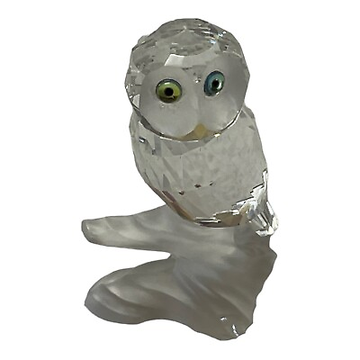 #ad Crystal Owl On Frosted Branch Green Eyes Chipped at Base $16.25