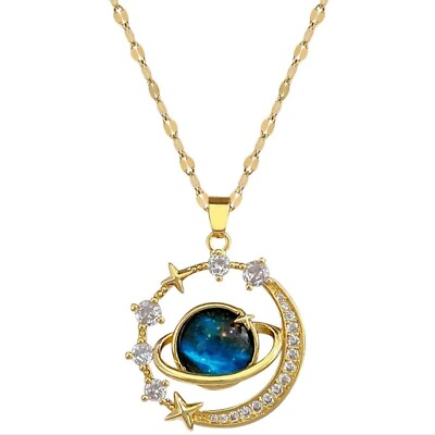 #ad NEW 316L Stainless Steel Gold Plated Romantic Blue Starry Sky Pendant Necklace $28.92