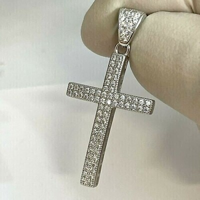#ad 2Ct Lab Created Diamond Round Cross Pendant 14K White Gold Silver Plated $125.00