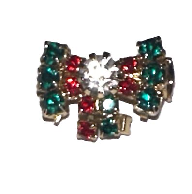 #ad Christmas Bow Vintage Brooch Red White Green Crystals Small For Lapel Pin $23.99