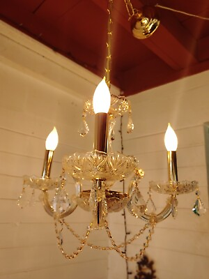 #ad AMAZING 50s MARIA THERESA GLASS CHANDELIER 3 ARMS Beautiful GOLD CANDLE COVERS $150.00
