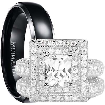 #ad His Hers Wedding Rings Set Vintage Silver Titanium CZ Bride Groom Rings Him Her $99.99