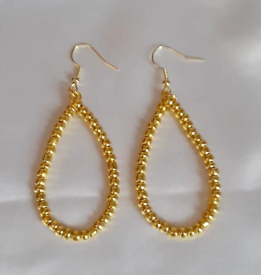 #ad Gold Glass Seed Beaded Hoop Teardrop Dangle Hook Earrings Handmade Boho Chic 3quot; $6.99