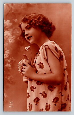 #ad c1927 RPPC Wonderful Studio Glamor Shot of Young Girl w Flower Tinted Postcard $15.11