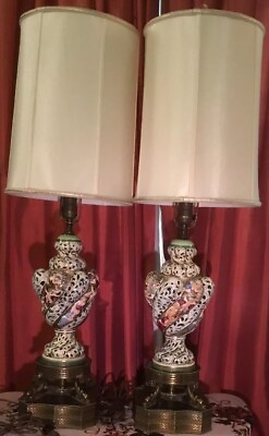 #ad ANTIQUE Vintage PAIR Tall Multicolor Porcelain Lamps w Silk Shades $389.00